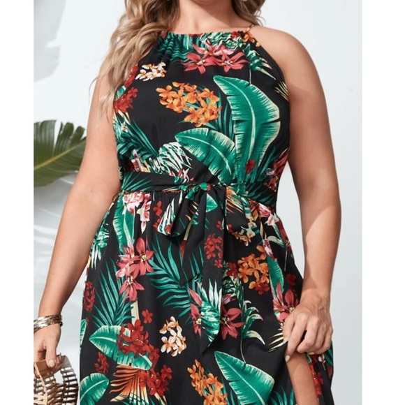 Boho plus size tropical leaves print split thigh belted maxi dress - Picture 5 of 7